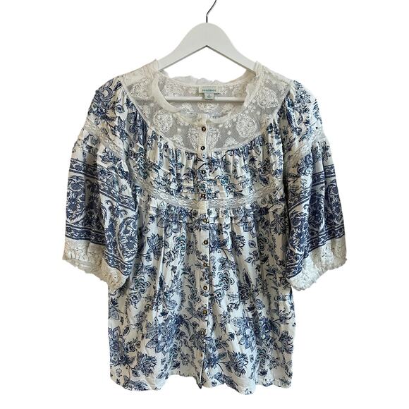 Sundance Tops - SUNDANCE WOMENS TOP SZ MEDIUM LACE DETAIL RUFFLED  COTTON BLEND WHITE BLUE BOHO